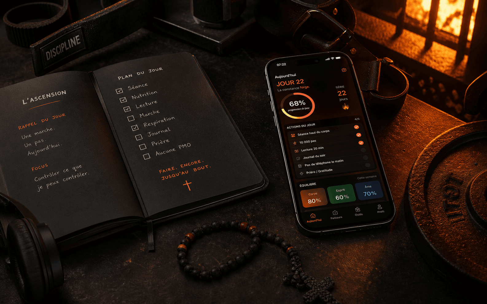 Téléphone, carnet et équipement d'entraînement pour L'Ascension